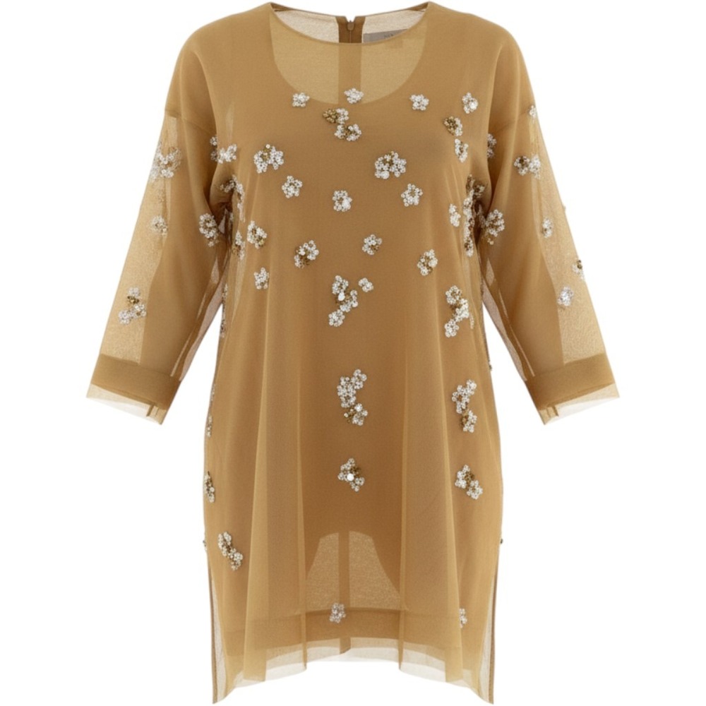 The 2nd Skin Co. Tan Sheer Mesh Sequin Floral Mini Dress NWT